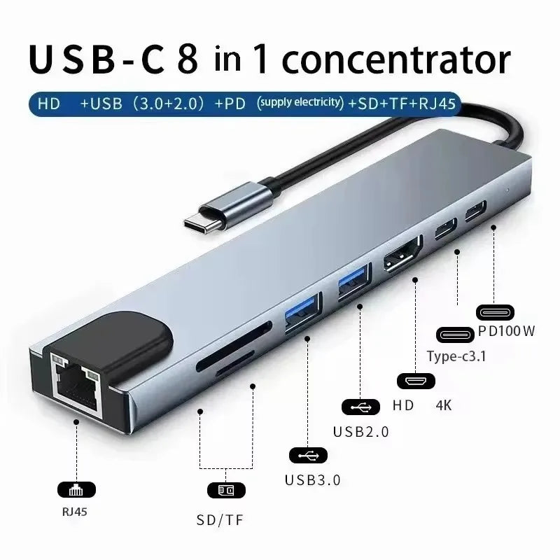 Hub USB-C, divisor USB 8 em 1, extensor USB com 4 portas USB, 1 porta USB-C, leitor de cartão TF/SD e saída de áudio. Compatível com MacBook.