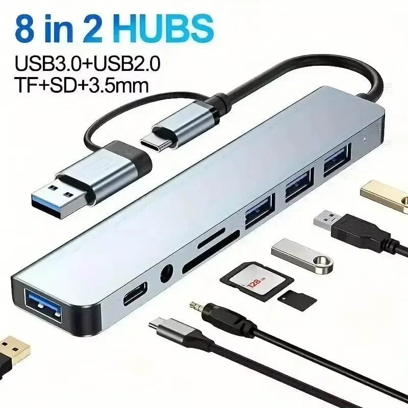 Hub USB-C, divisor USB 8 em 1, extensor USB com 4 portas USB, 1 porta USB-C, leitor de cartão TF/SD e saída de áudio. Compatível com MacBook.