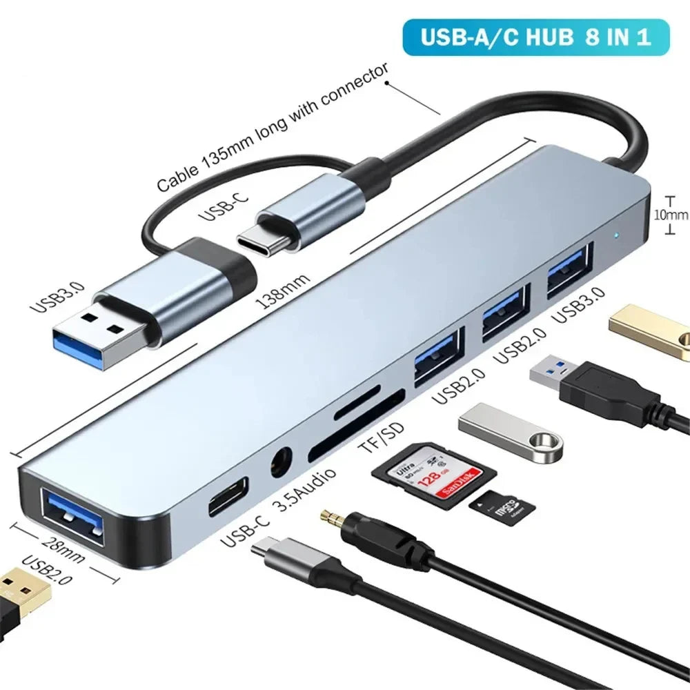 Hub USB-C, divisor USB 8 em 1, extensor USB com 4 portas USB, 1 porta USB-C, leitor de cartão TF/SD e saída de áudio. Compatível com MacBook.