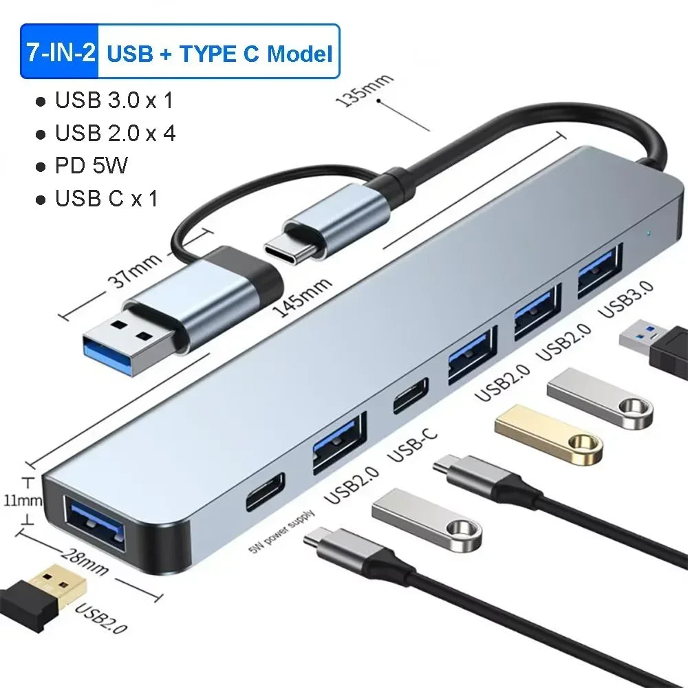 Hub USB-C, divisor USB 8 em 1, extensor USB com 4 portas USB, 1 porta USB-C, leitor de cartão TF/SD e saída de áudio. Compatível com MacBook.